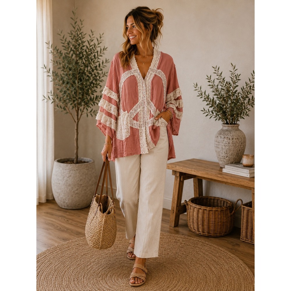 184. New POL Boho Peace Sign Eyelet Lace Ruffle Gauze Cardigan Dusty Rose L